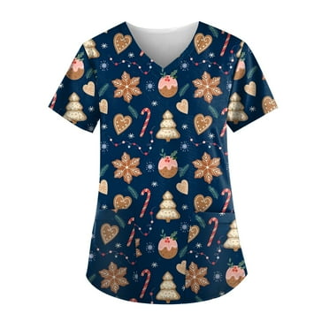 Women's Plus Size Scrub Uniform Christmas Print V Neck Scrubs Nurse Workwear Top T Shirts