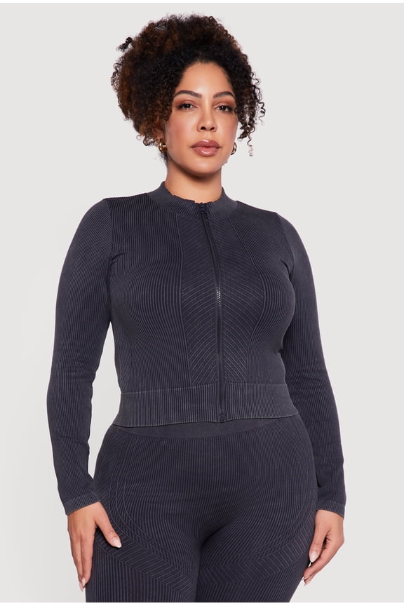 Women's Plus Size Seamless Acid Wash Zip Front Track Jacket