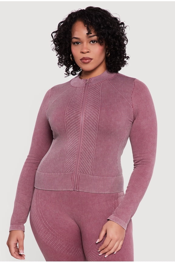Women's Plus Size Seamless Acid Wash Zip Front Track Jacket