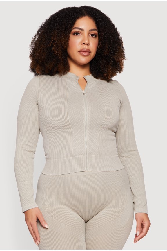 Women's Plus Size Seamless Acid Wash Zip Front Track Jacket