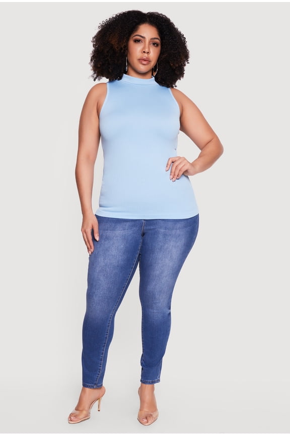 Women's Plus Size Seamless Ribbed Knit Mock Neck Tank Top
