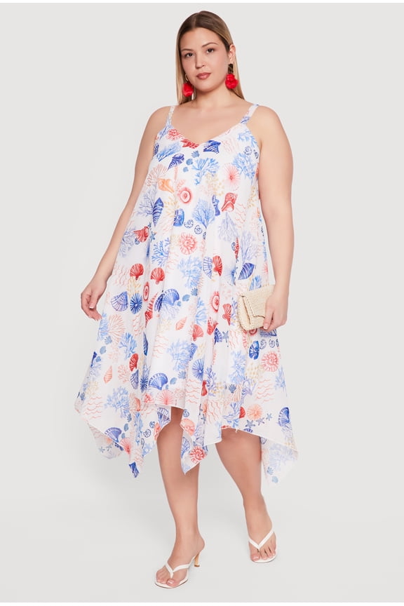 Women's Plus Size Seashell Patterned Sharkbite Hem Dress
