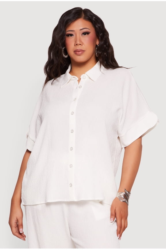 Women's Plus Size Seersucker Short Sleeve Shirt