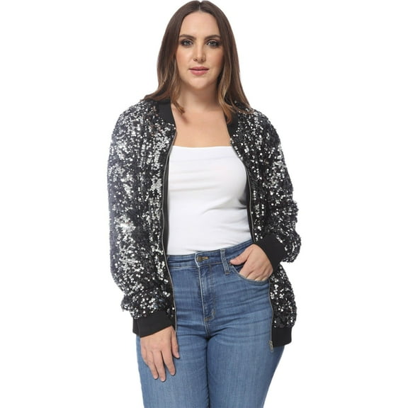 Women's Plus Size Sequin Bomber Jacket- 1X,Black