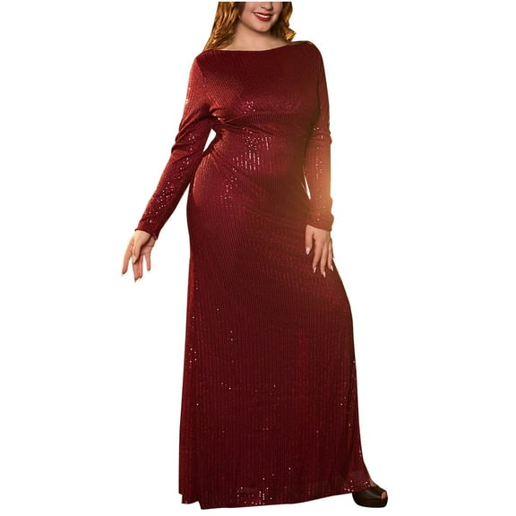 Women's Plus Size Sequin Dress, Long Sleeve Maxi Dress Formal Cocktail Evening Party Gowns Wine XXL