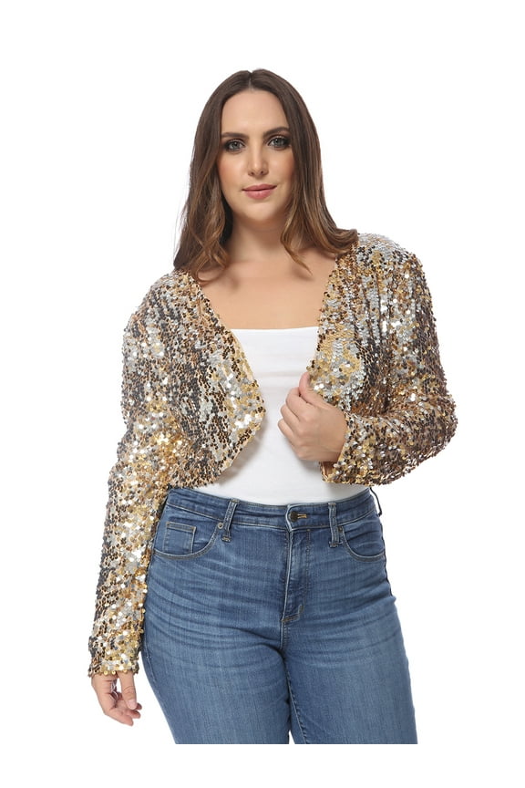 Women's Plus Size Sequin Embellished Long Sleeve Bolero Blazer Shrug, Gold, Large