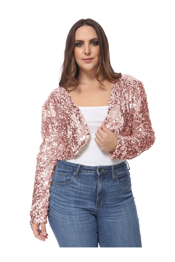 Women's Plus Size Sequin Embellished Long Sleeve Bolero Blazer Shrug, Rose Gold, Large