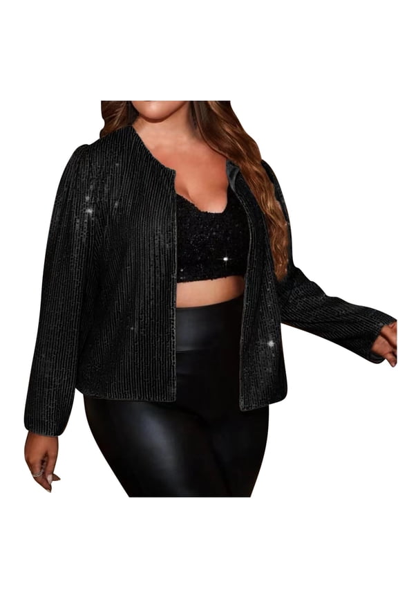 Women's Plus Size Sequin Jacket Button Up Long Sleeve Disco Sparkling Puff Sleeve Party Bomber Outwear