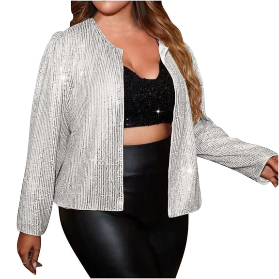 Women's Plus Size Sequin Jacket Button Up Long Sleeve Disco Sparkling Puff Sleeve Party Bomber Outwear
