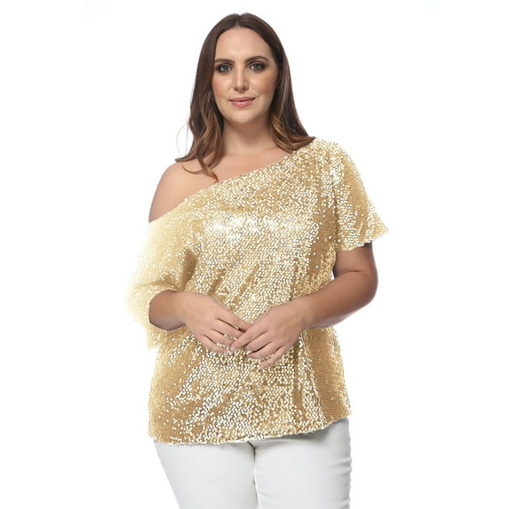 Women's Plus Size Sequin One Shoulder Short Sleeve Party Top