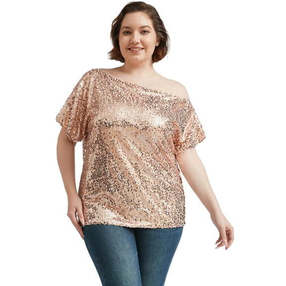 Women's Plus Size Sequin One Shoulder Short Sleeve Party Top