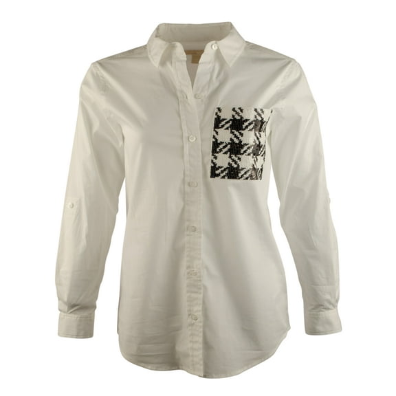 Women's Plus Size Sequin Pocket Button Down Long Sleeve Top-W-2X