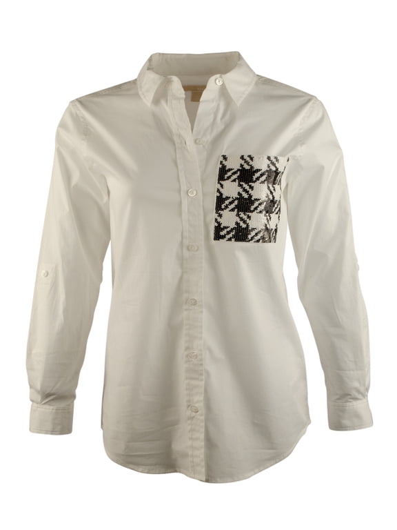 Women's Plus Size Sequin Pocket Button Down Long Sleeve Top-W-2X