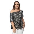 thumbnail image 1 of Women's Plus Size Sequin Sexy One Shoulder Short Sleeve Holiday Top, Black and Silver, X-Large, 1 of 6