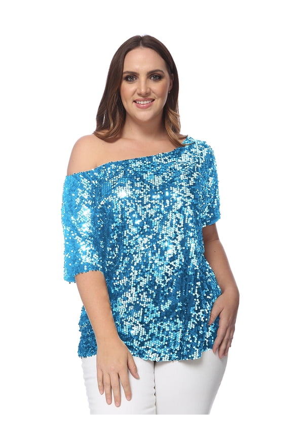 Women's Plus Size Sequin Sexy One Shoulder Short Sleeve Party Club Top, Blue, XXXX-Large
