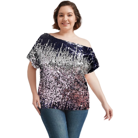 Women's Plus Size Sequin Sexy One Shoulder Short Sleeve Party Club Top, Silver Mauve, XX-Large