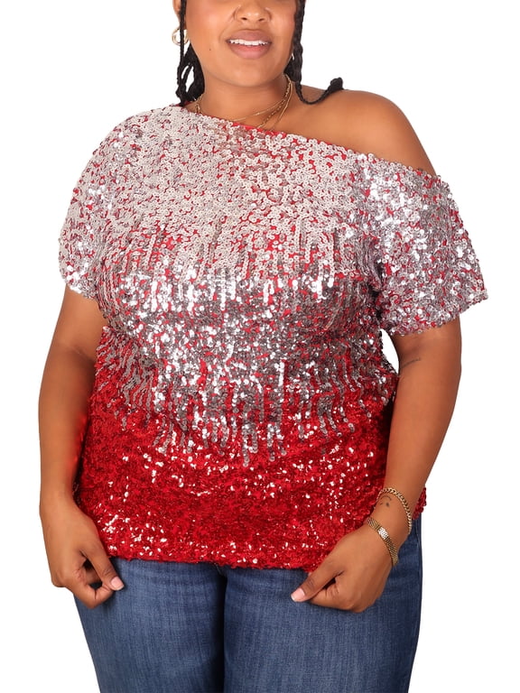 Women's Plus Size Sequin Sexy One Shoulder Short Sleeve Party Club Top, Silver and Red, Large