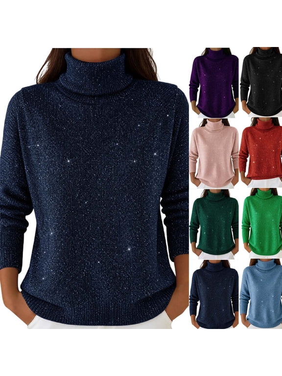 Women's & Plus Size Sequin Sweater, Sparkly Turtleneck Long Sleeve Relaxed Fit, Fall Winter Soft Basic Casual Tops S-5XL