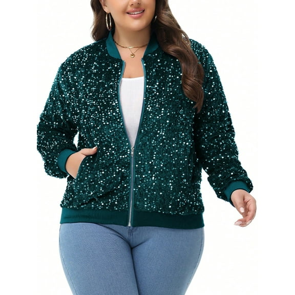 Women's Plus Size Sequin Zip-Up Bomber Jacket with Pockets- 4X, Dark Green