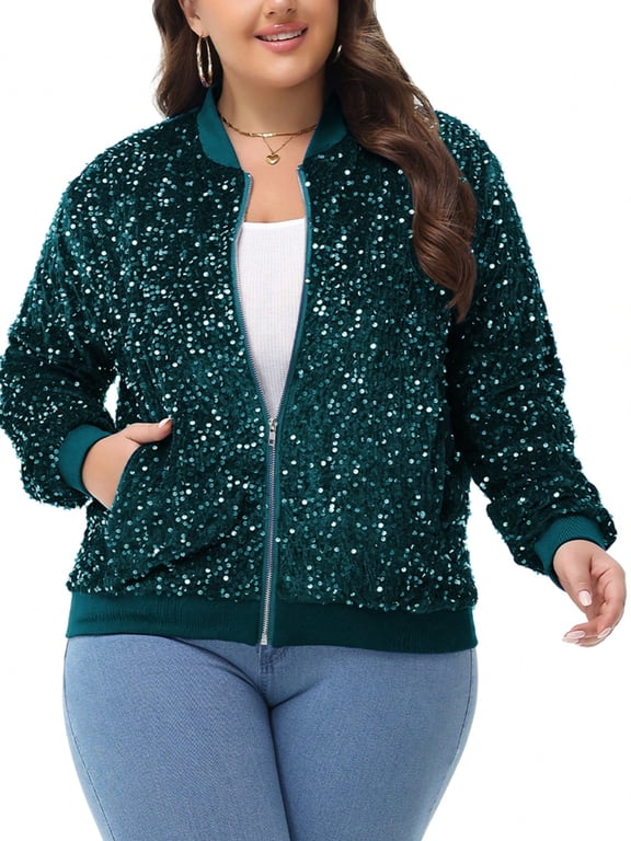 Women's Plus Size Sequin Zip-Up Bomber Jacket with Pockets- 4X, Dark Green