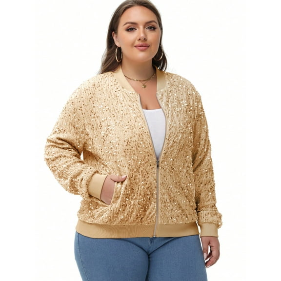 Women's Plus Size Sequin Zip-Up Bomber Jacket with Pockets- 4X, Gold