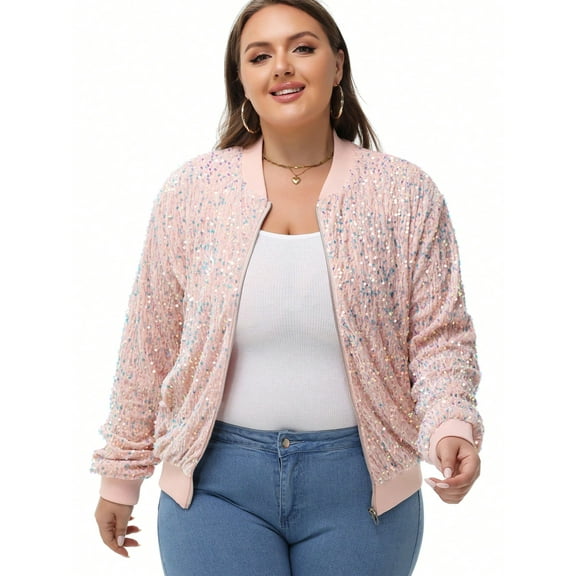 Women's Plus Size Sequin Zip-Up Bomber Jacket with Pockets- 4X, Light Pink