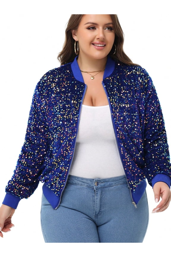 Women's Plus Size Sequin Zip-Up Bomber Jacket with Pockets- 4X, Navy