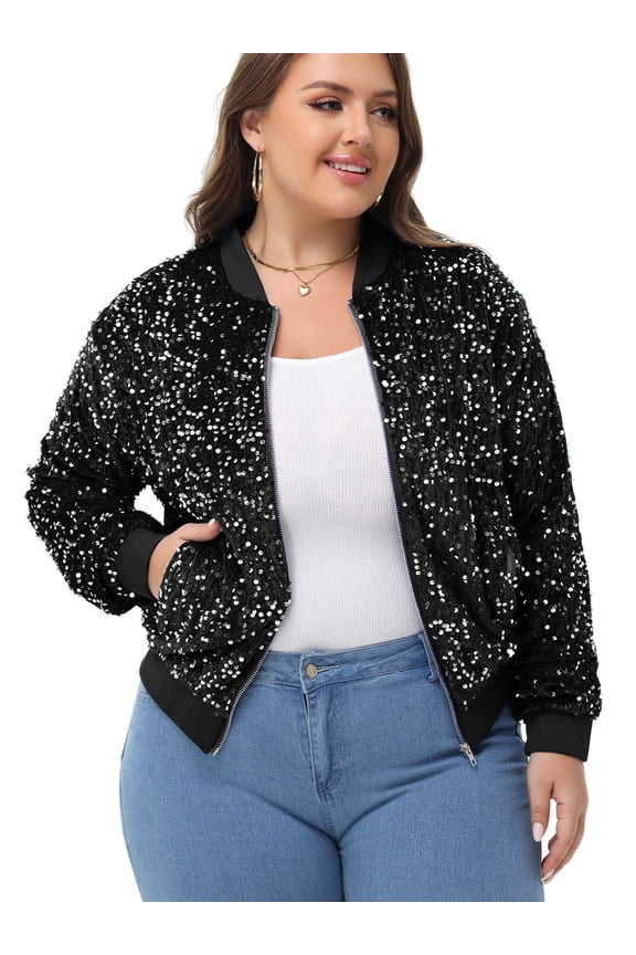 Women's Plus Size Sequin Zip-Up Bomber Jacket with Pockets- X Large, Black and Silver