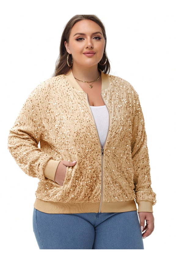 Women's Plus Size Sequin Zip-Up Bomber Jacket with Pockets- X Large, Gold