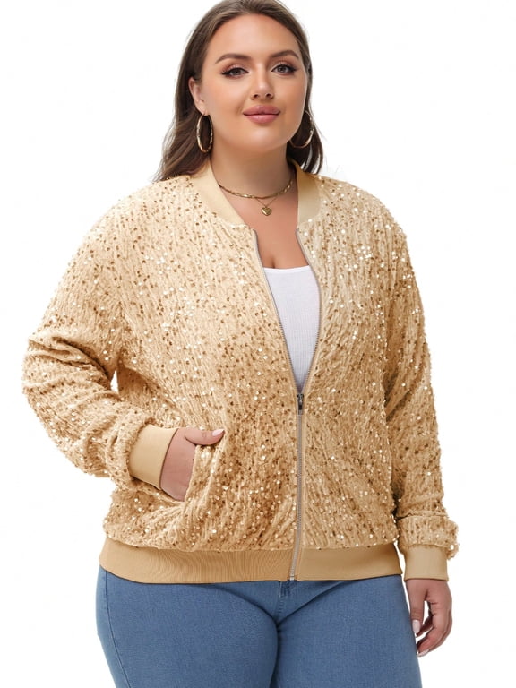Women's Plus Size Sequin Zip-Up Bomber Jacket with Pockets- X Large, Gold