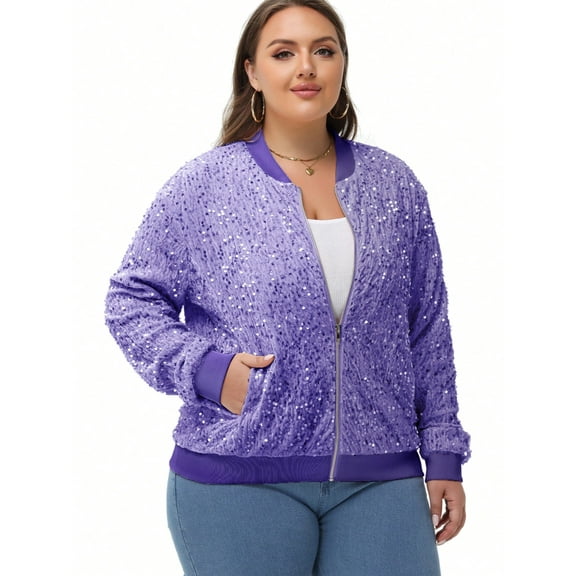 Women's Plus Size Sequin Zip-Up Bomber Jacket with Pockets- X Large, Purple