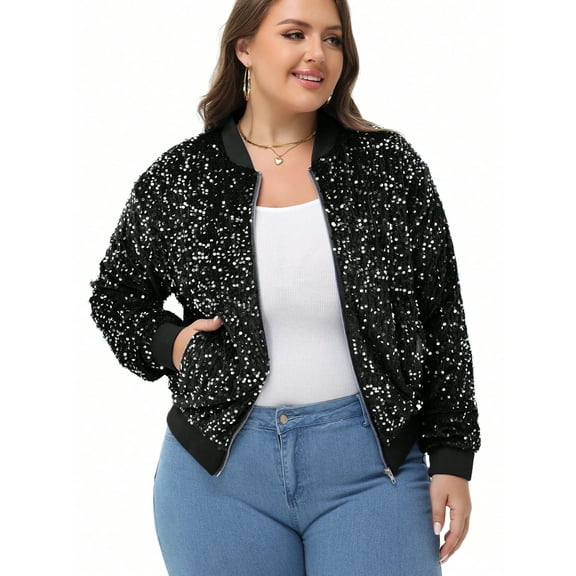 Women's Plus Size Sequin Zip-Up Bomber Jacket with Pockets- XX Large, Black and Silver