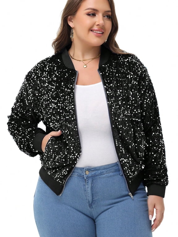Women's Plus Size Sequin Zip-Up Bomber Jacket with Pockets- XX Large, Black and Silver