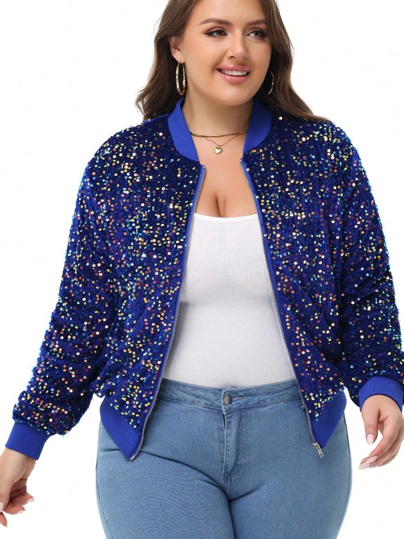 Women's Plus Size Sequin Zip-Up Bomber Jacket with Pockets- XX Large, Navy