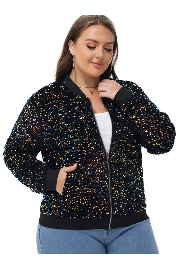 Women's Plus Size Sequin Zip-Up Bomber Jacket with Pockets- XXX Large, Multicolor