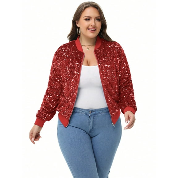 Women's Plus Size Sequin Zip-Up Bomber Jacket with Pockets- XXX Large, Red