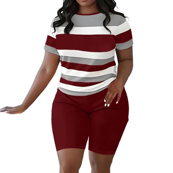 Women's Plus Size Sets Striped 2 Piece Short Sleeve Crewneck T Shirt and Biker Shorts Outfits Summer Casual Stretchy Workout Suits