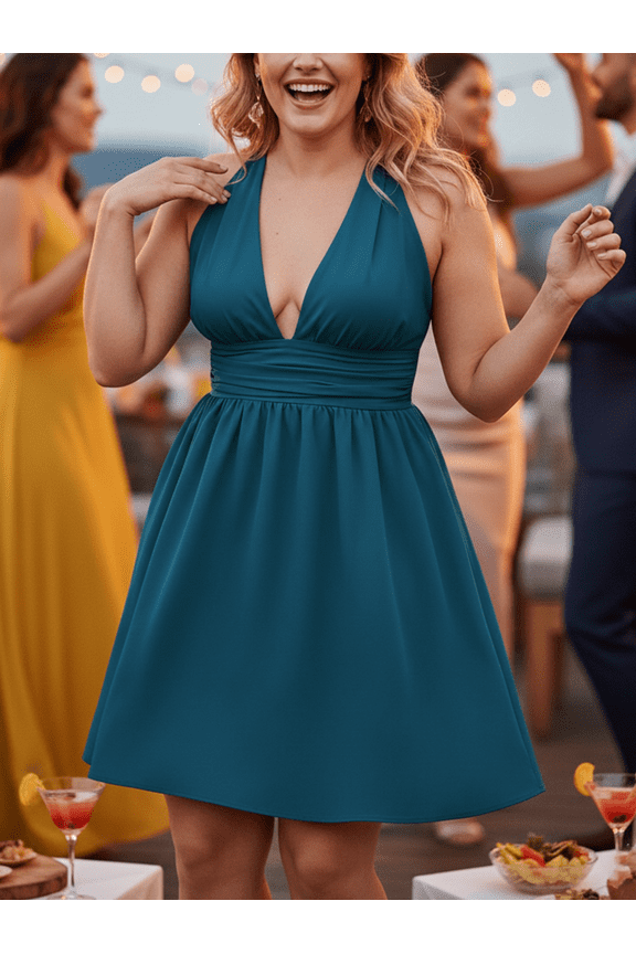 Women's Plus Size Sexy Deep V Neck Dress, Slimming Ruched Waist A-Line Hem, Chic Party Vacation Outfit, Elegant Office Date For Women
