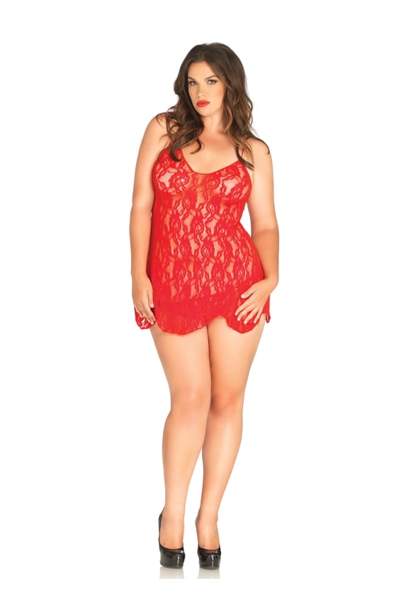 Women's Plus Size Sexy Stretch Lace Chemise and G-String Panty 2 Piece Set