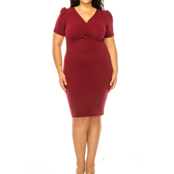 Women's Plus Size Sheath Dress with Deep V-Neckline and Puff Sleeves