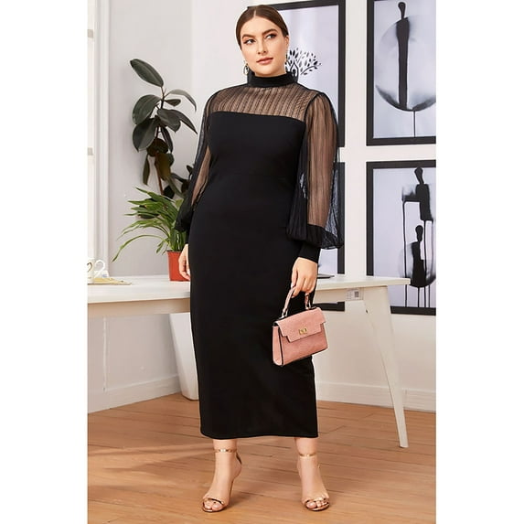 Women's Plus Size Sheer Mesh Yoke Lantern Sleeve Split Hem Dress L-4X