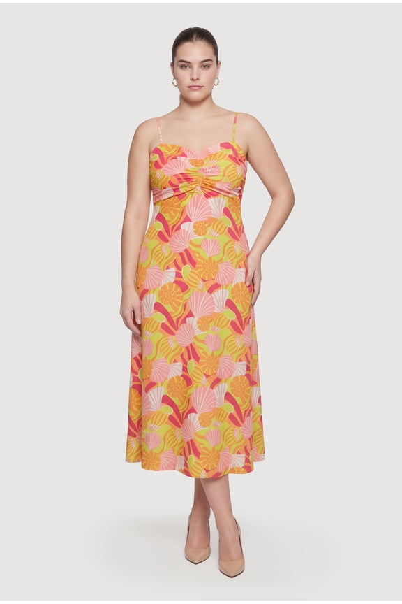 Women's Plus Size Shell Patterned Ruched Midi Dress