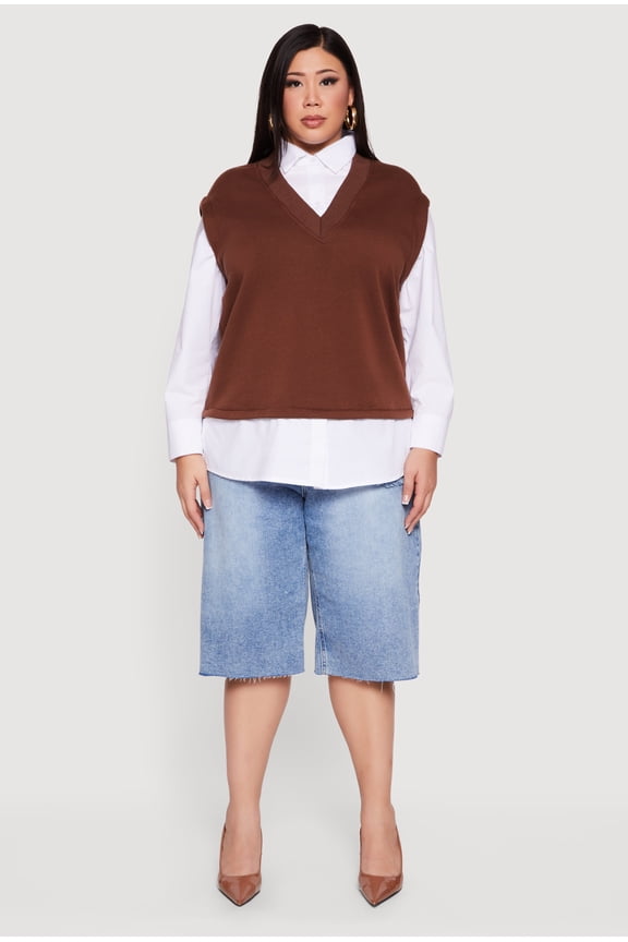 Women's Plus Size Shirt Collar Layered Look Vest