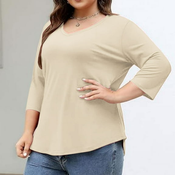 Women's Plus Size Shirts Basic Summer 3/4 Length Sleeve Solid Crewneck Tunics Casual Comfy Soft Loose Fits T-Shirt Fall Fashion Trendy Peplum Going Out Tops for Curvy Women