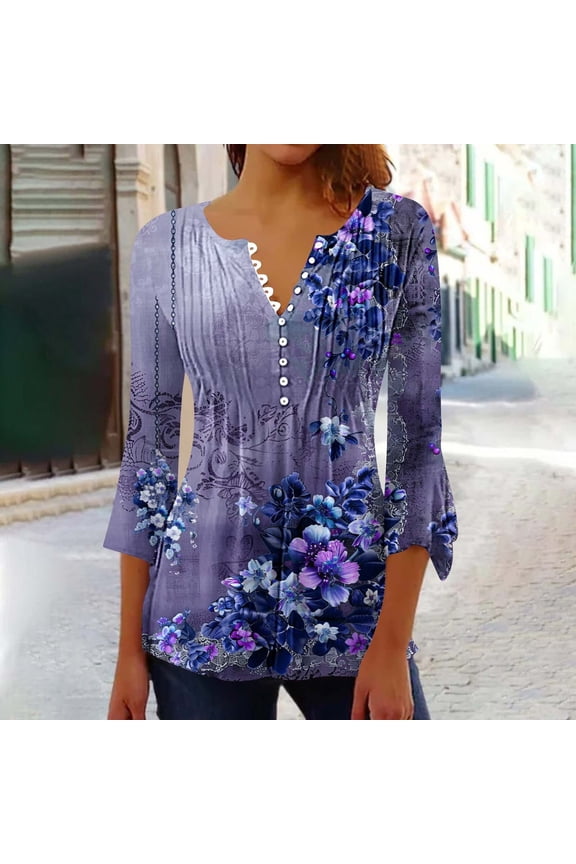 Women's Plus Size Shirts and Blouses 3/4 Length Sleeve Womens Tops Button Down V Neck T Shirts Floral Summer Tunic Ladies Tops Elegant Dressy Casual Blouses Fashion Vacation Tee Shirts Ropa Mujer