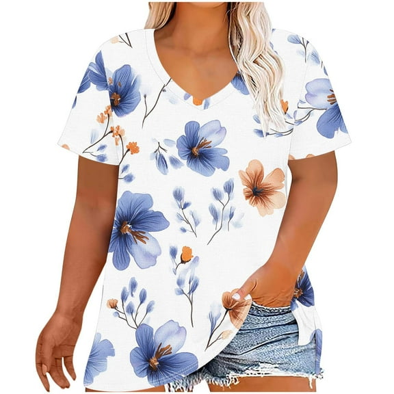 Women's Plus Size Shirts Casual Blouses Top V-Neck Fashion Floral Print Short Sleeve T-shirt Summer Loose Breathable Oversized Pullover Tops Print 01 XL