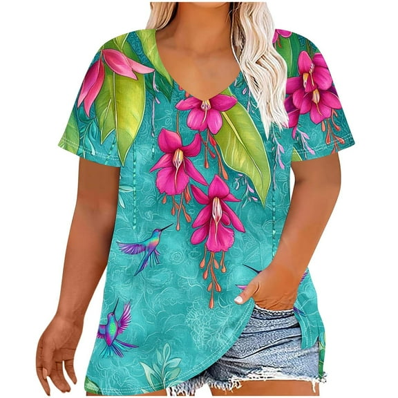 Women's Plus Size Shirts Casual Blouses Top V-Neck Fashion Floral Print Short Sleeve T-shirt Summer Loose Breathable Oversized Pullover Tops Print 02 5XL