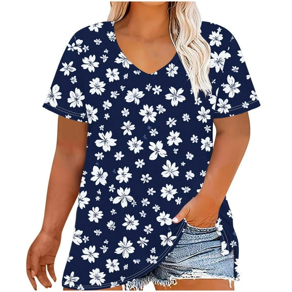 Women's Plus Size Shirts Casual Blouses Top V-Neck Fashion Floral Print Short Sleeve T-shirt Summer Loose Breathable Oversized Pullover Tops Print 07 5XL