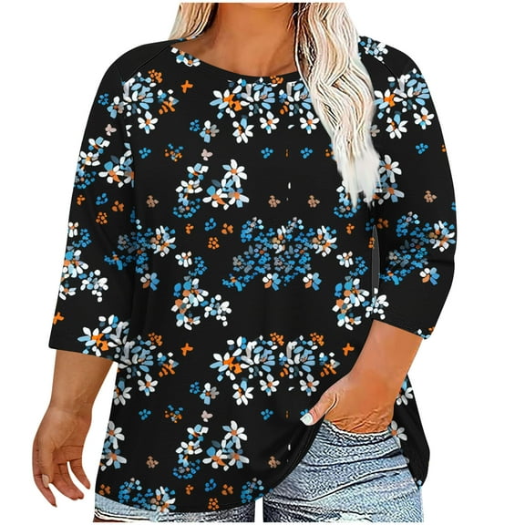 Women's Plus Size Shirts Casual Summer Short Sleeve T Shirts Fashion Spring Floral Printing Pullover Oversized Loose Crew Neck Blouses Tops 03#Black 3XL