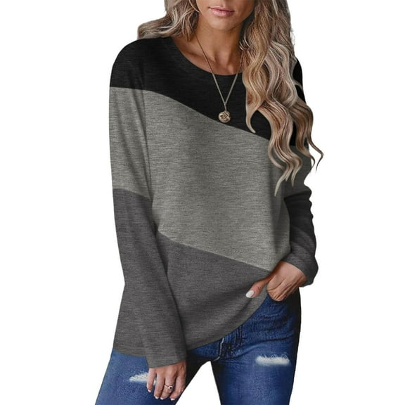 Women's Plus Size Shirts Fashion Color Block Tops Round Neck Long Sleeve Blouses Dressy Casual Going Out Clothes